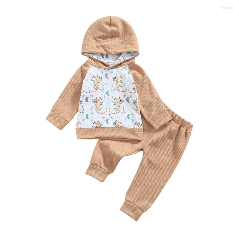 

Clothing Sets 2Pcs Autumn Little Girls Boys Outfit Toddlers Leopard Plant Printing Long Sleeve Hooded Tops Solid Color Pants Set, Picture shown