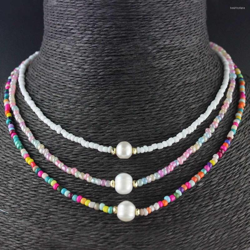 

Choker 9-10mm Korea Natural Pearl Bib Necklace Jewelry Collares Necklaces Rainbow Glass Seed Beads Chain Bohemian Handmade Gift Party