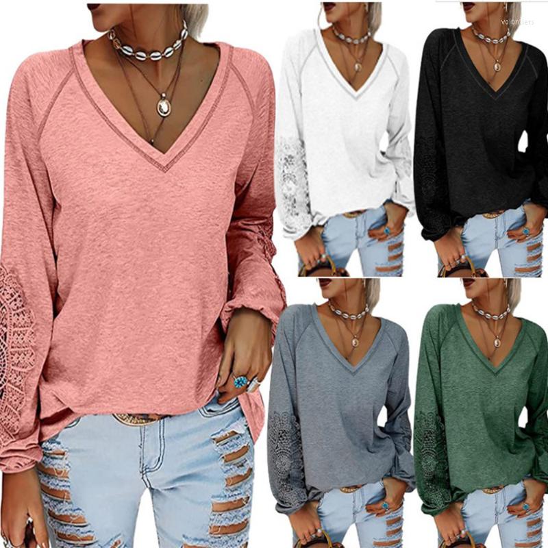 

Women' T Shirts Blusas 2022 V-neck Lace Lantern Sleeve T-shirt Loose Top Solid Tops Fashion Shirt Casual Cotton Ropa Mujer 23475, White