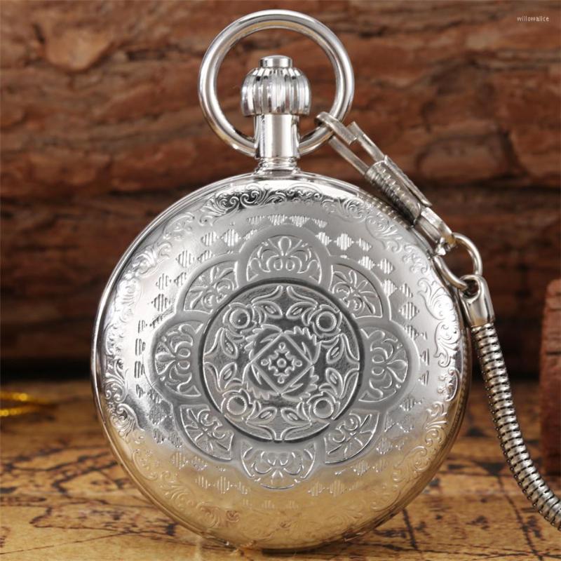 

Pocket Watches Flowers Pattern Silver Copper Mechanical Watch Automatic Self-Wind Pendant Antique Clock Full Retro