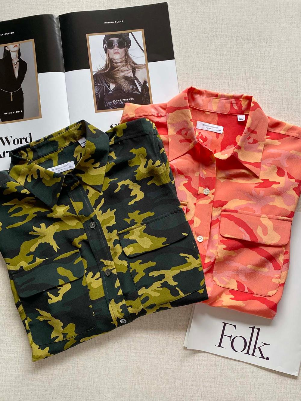 

2022 Autumn Green Camouflage Silk Blouse French Style Printed Long Sleeves Lapel Neck 100% Soie Double Pockets Buttons Single-Breasted Shirt 22TO05M, Orange