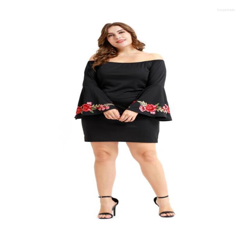 

Plus Size Dresses Sale Sexy Floral Embroidered Slash Neck Mini Dress Women Flare Sleeve Fashion Casual Long DressesPlus, Black