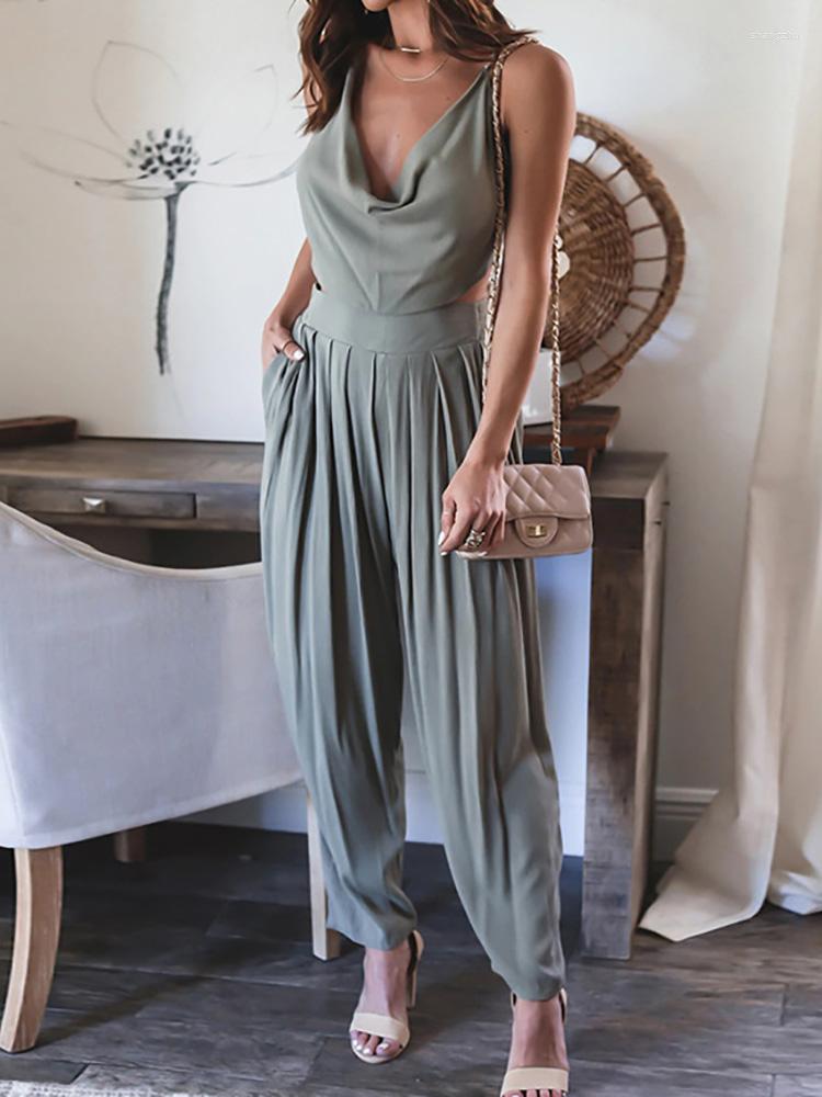 

Women' Two Piece Pants Elastic Waist Pocket Summer Women Suit Casual Patchwork Tops Ankle-Length Set Office Femme Loose Elegant Sets, 02 black