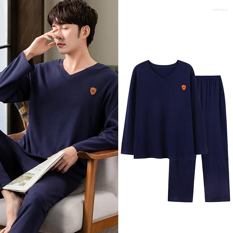 

Men's Sleepwear Men Solid Cotton 2pcs V-neck Pajamas Suit Full T-shirt&pant Sleep Set Nightwear With Pocket Lounge Plus Size 3xl, Style-8