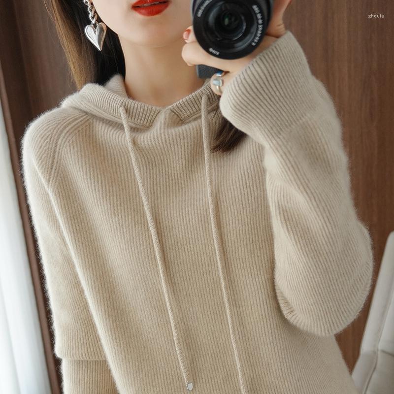

Women' Sweaters Pure Wool Cashmere Sweater 2022 Spring /Autumn Women' Hooded Collar Pullover Casual Knitted Top Korean Long-sleeved Ja, White