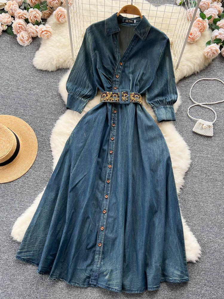

Casual Dresses High Quality Denim Long Dress 2022 Women Autumn V-Neck Half Sleeve Single Breasted Vintage Belt Elegant Runway Jeans, The cowboy blue