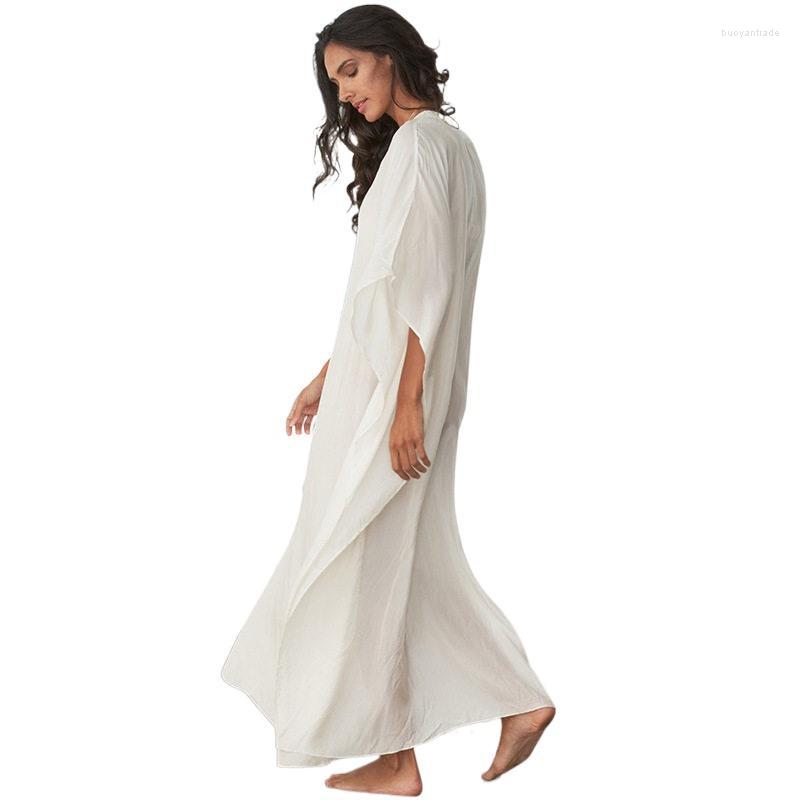 

Women's Swimwear Summer Imitation Cotton Robe Beach Bikini Cover Up Loose Plus Size Seaside Vacation V-neck White Female Sun Protection
