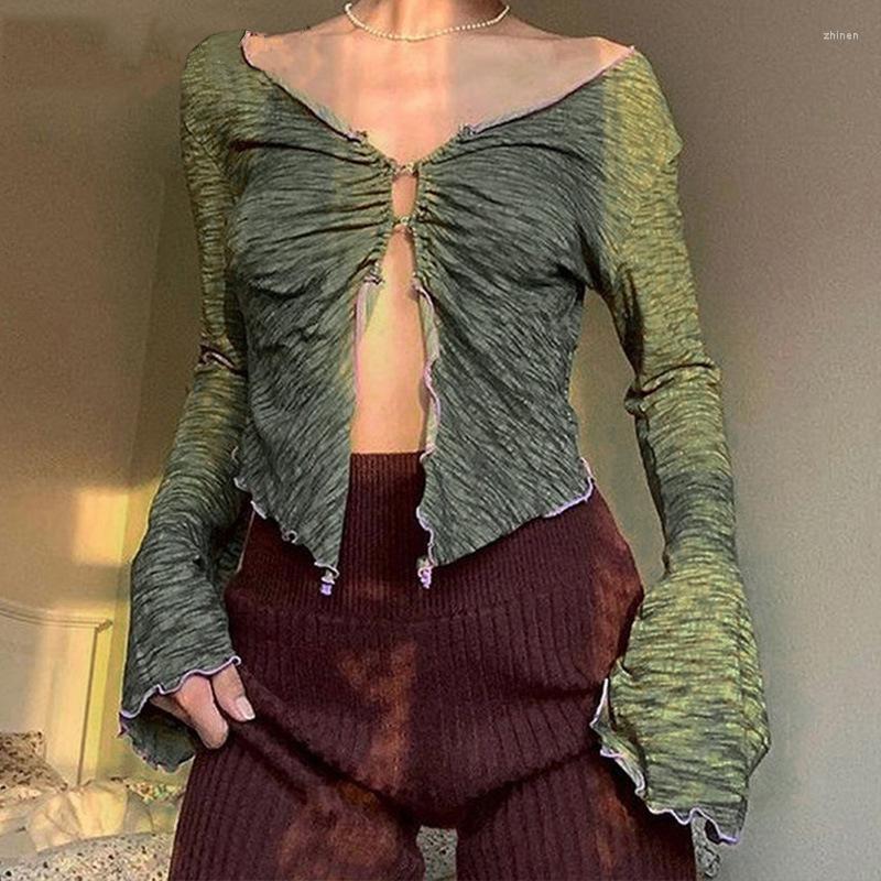 

Women' Blouses Sexy Clothes Flare Sleeve Slim Women Blouse Tops Casual Loose V-neck Fashion Woman Shirts Pleated Split Green Button Shirt