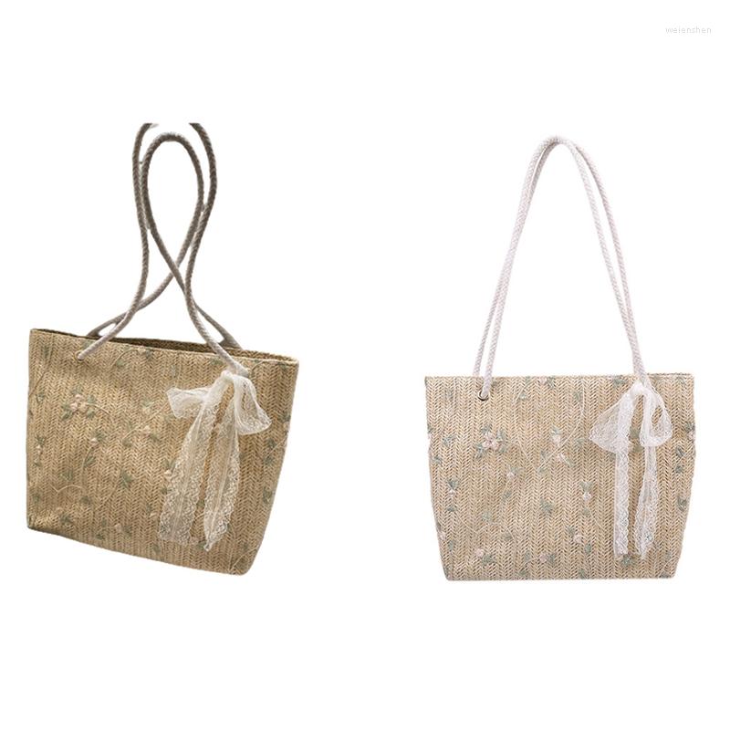 

Evening Bags Straw Bag Women's Simple Lace Small Flower Woven Western Style Beach Shoulder Tote, Beige