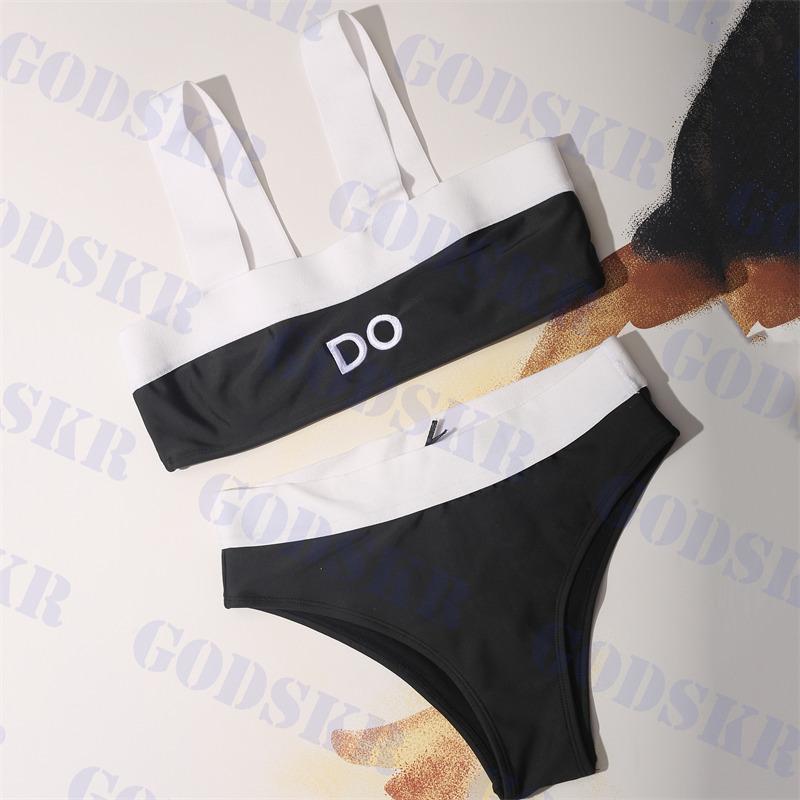 

Black White Swimsuit Splice Bikini Letter Embroidery Swimwear For Women Fashion Charm Womens Bathing Suit, Please contact me real pic
