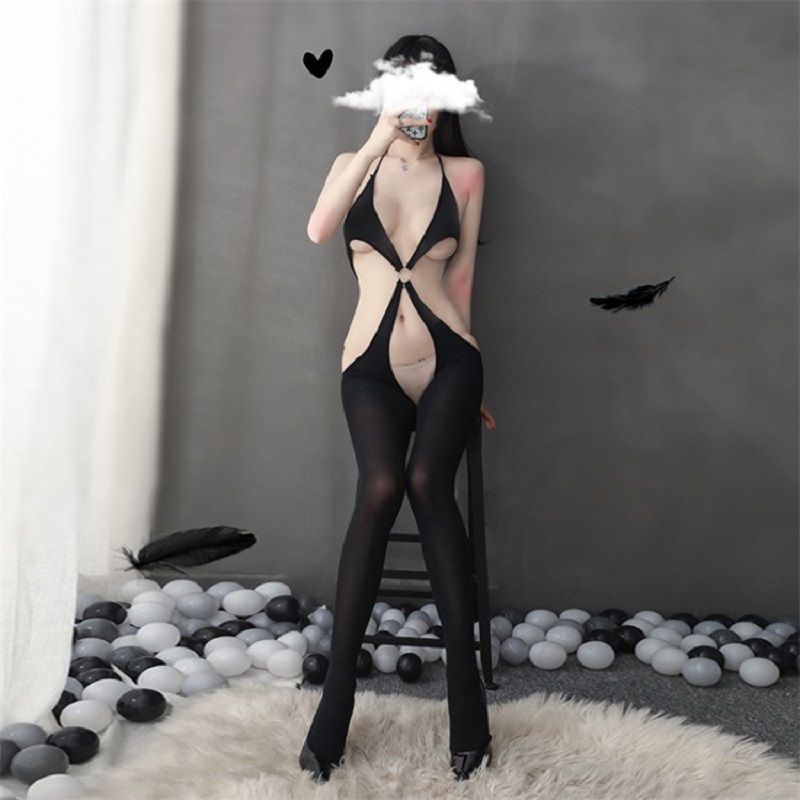 

Long Nine Clothing Europe and the United States sexy one-piece sexy lingerie set women do not take off the crotch temptation stockings transparent hanging neck net, Black