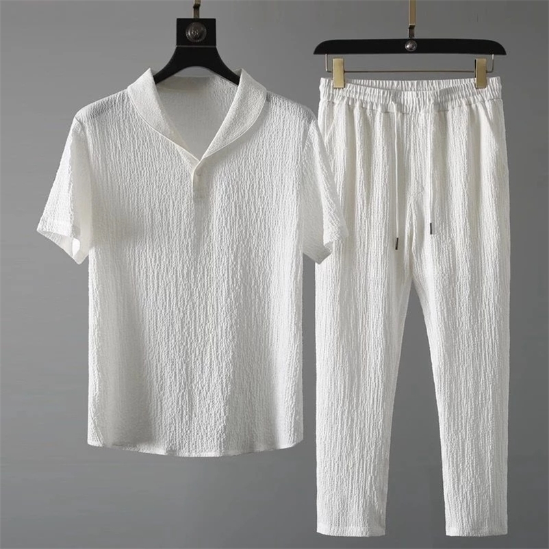 

Men's Tracksuits Arrival Cool and Thin Short Sleeve T-shirtPant Two-Piece Set Solid ShirtTrousers Home Suits Male Size M-4XL 220930, White