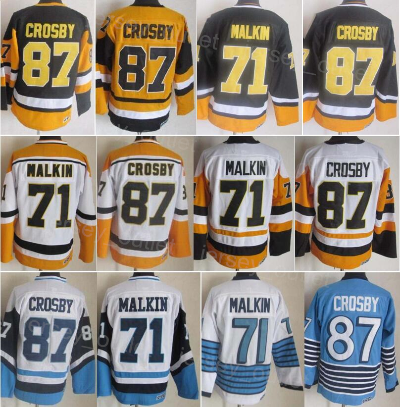 Men Vintage Classic Hockey 87 Sidney Crosby Retro Jersey 71 Evgeni Malkin CCM noir blanc bleu jaune équipe Couleur de couleur et couture pour les