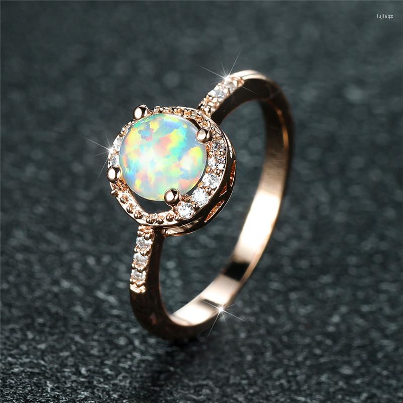 

Wedding Rings Vintage Female White Opal Stone Ring Charm Rose Gold Color Engagement Luxury Crystal Round For Women