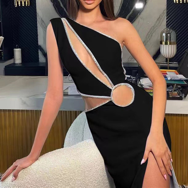 Mode luxe femmes dame une épaule robe sexy fête club discothèque découpes blingbling robes de bal YS3316