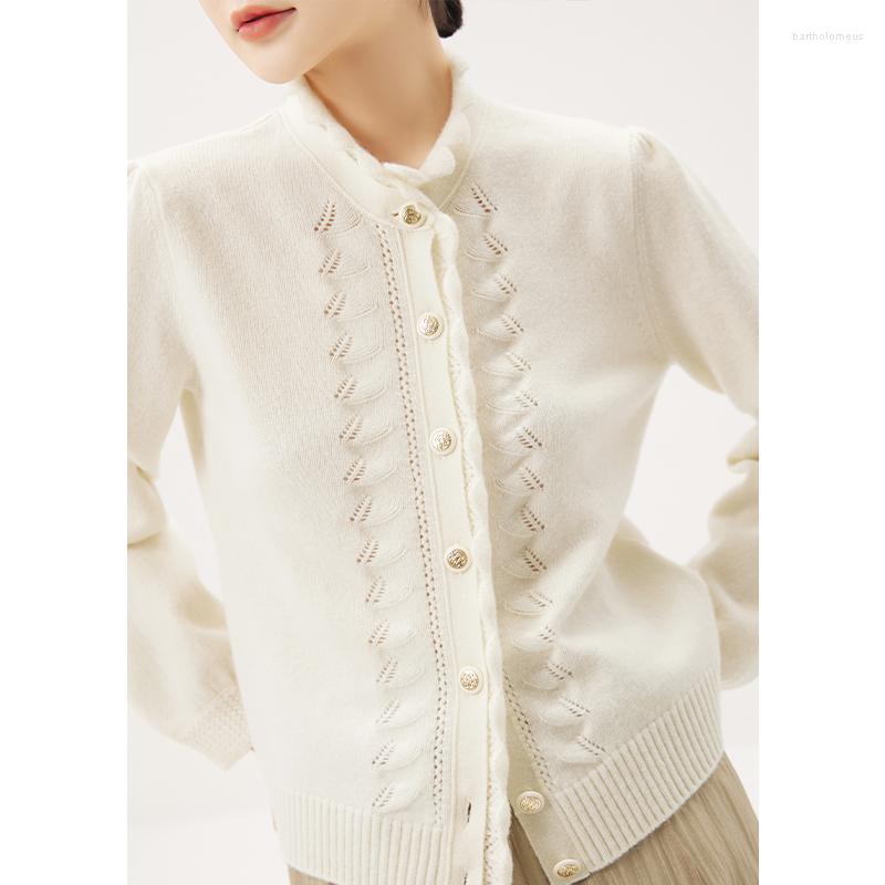 

Women's Knits SHUCHAN Sweaters For Women RUFFLES Cashmere Knitted Cardigan Luxury Design Autumn/Winter Stand-UP Collar White