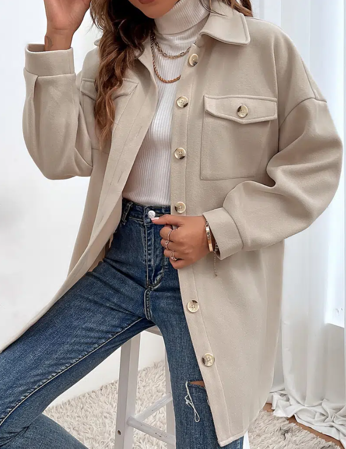 

Women's Overcoat Long Sleeve Lapel Open Front Long Pocket Jacket 123, Creamy-white