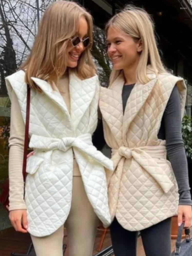 

Women' Vests Fashion White Argyle Cotton Waistcoat With Belt Women 2022 Autumn Winter Casual Sleeveless Parkas Ladies Coats Streetwear