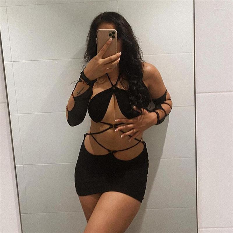 

Casual Dresses Women Summer Bodycon Dress Straps Bandage Solid Color Halter Neck Sleeveless Cut Out Party Club Mini, Black