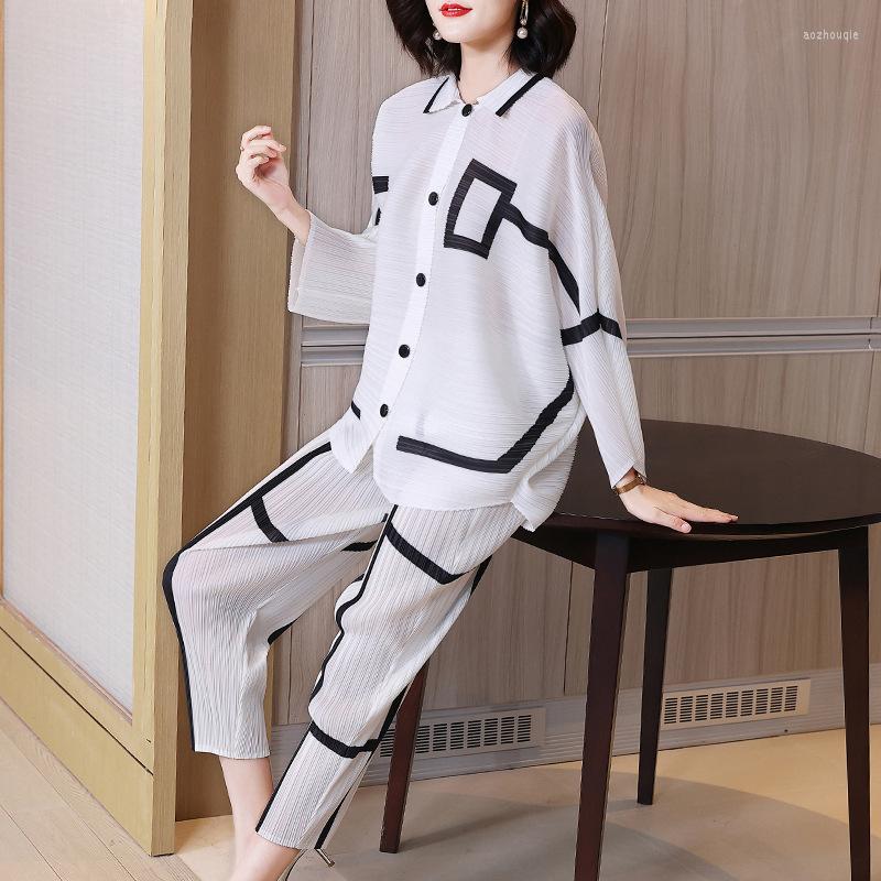 

Women's Two Piece Pants NOBLE Women's Suits Spring 2022 Niche Fashionable Versatile Two-piece Printed Casual Pleated Blazer Trousers Set, White