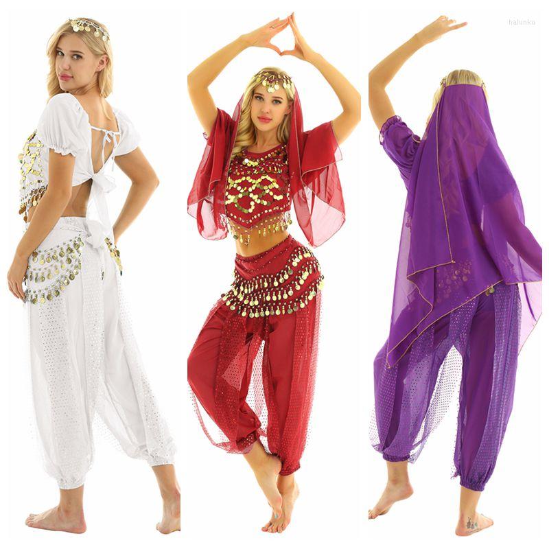 

Stage Wear 4Pc Women Belly Dance Halloween Carnival India Costume Outfit Lanterns Sleeves Coins Top With Harem Pants Scarf Head, Black