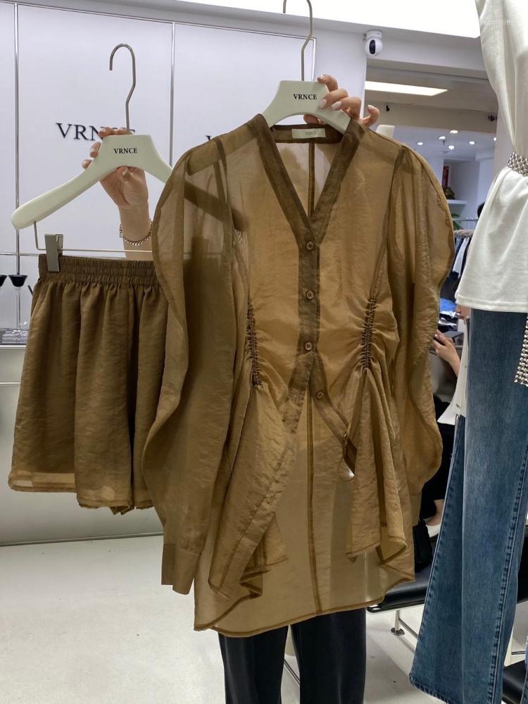 

Women's Tracksuits Nicemix Drawstring Waist Sun Protection Long-sleeved Mesh Top High-waist Shorts Casual Set Two-piece Temperament High-end, Coffee 2pcs