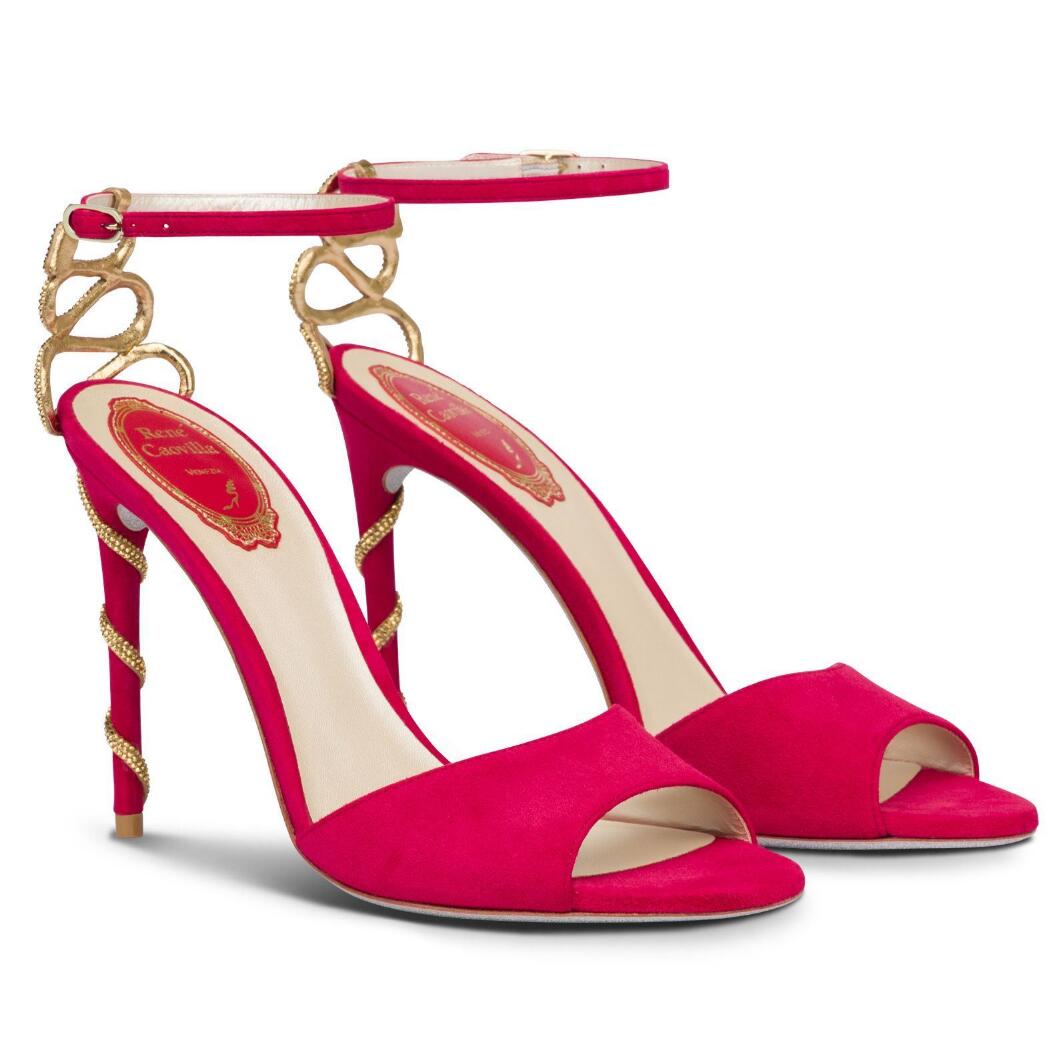 

Perfect Brand Renecaovilla Morgana Sandals Shoes Women Gold Crystal Snake Wrapped Lady Sexy High Heels Party Wedding Dress Gladiator Sandalias
