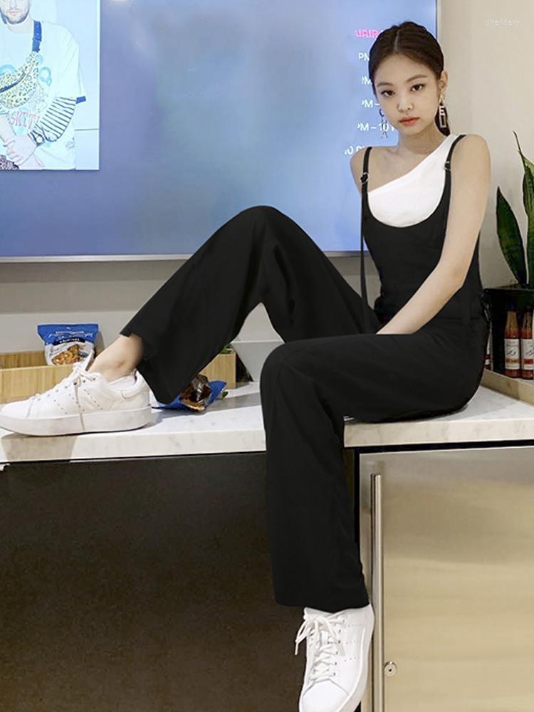 

Women's Two Piece Pants Kpop Korean Celebrity Black Sling Jumpsuit Lady Summer High Waist Loose Wide-Leg Trousers White Sleeveless Vest Tops