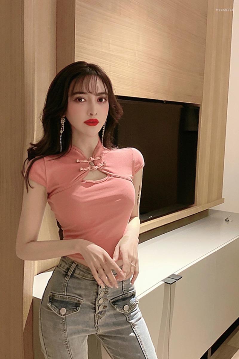 

Ethnic Clothing 2022 Water Drop Hollow Out Design Mandarin Collar Pullover Short Sleeve Bottomed Qipao Shirt Improved Vintage Cheongsam Top