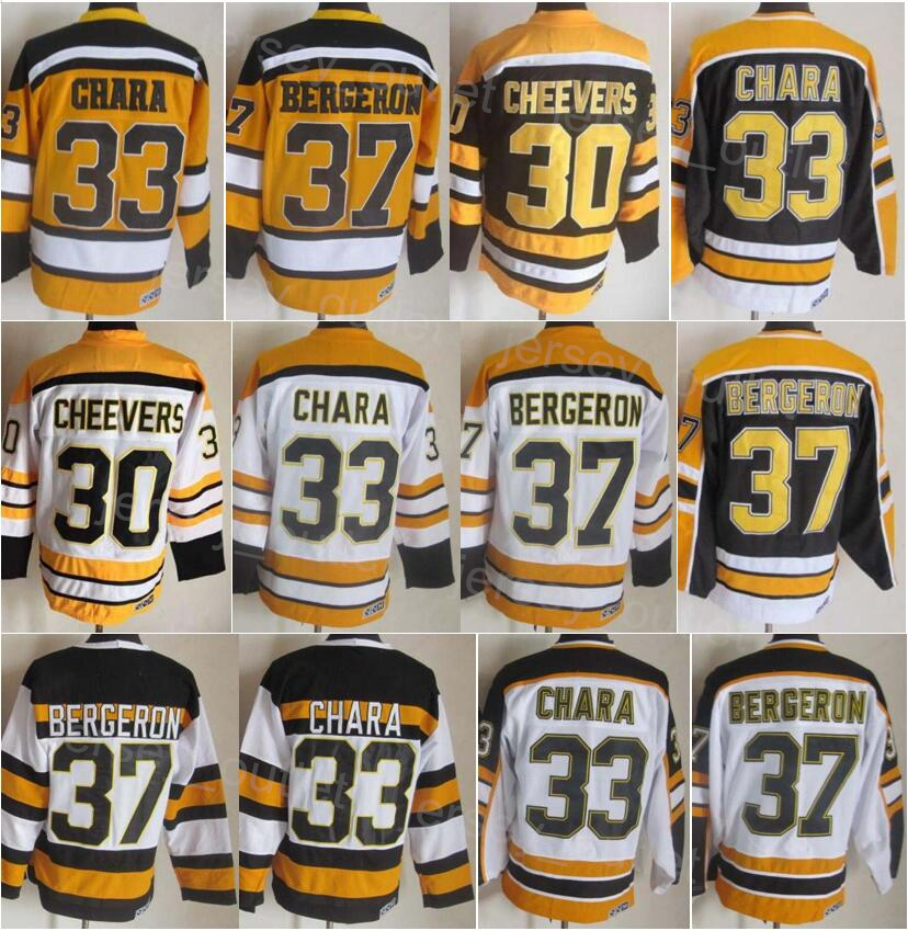 Men CCM Hockey Retro 30 Gerry Cheevers Jersey 33 Zdeno Chara 37 Patrice Bergeron Vintage Classic 75th Anniversary All Stitched Black White Yellow Fo