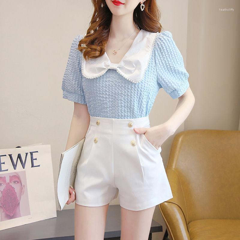 

Women' Tracksuits Women 2022 Summer Fashion Clothes Set Female Short Sleeve Blouses Top High Waist Shorts Office Lady Elegant 2 Piece Suit, White