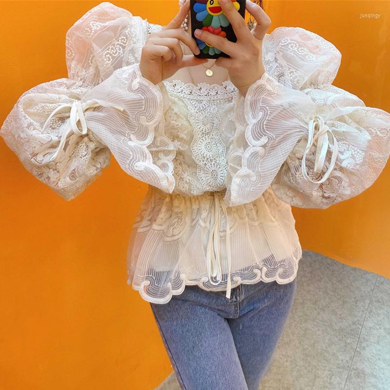 

Women's Blouses Chic Vintage Lace Women Blouse Fashion Hook Flowers Shirt Thin Flare Sleeve Embroidery Tops Blusas Mujer 18444, Apricot