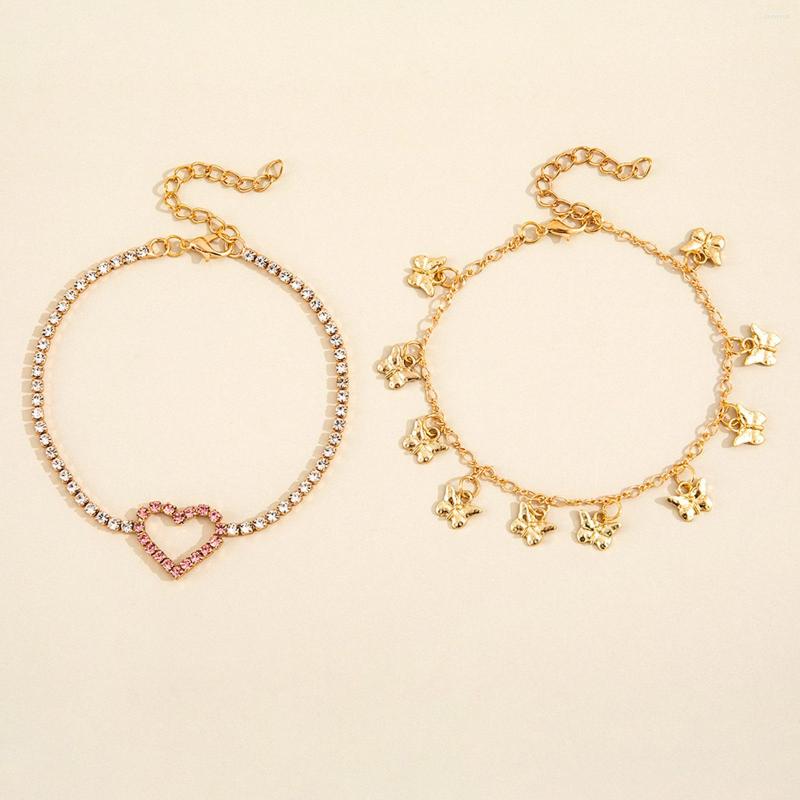 

Anklets 2pcs Ins Style Anklet European And American Simple Sweet Pink Heart-Shaped Peach Heart Claw Chain Women Butterfly Tassel