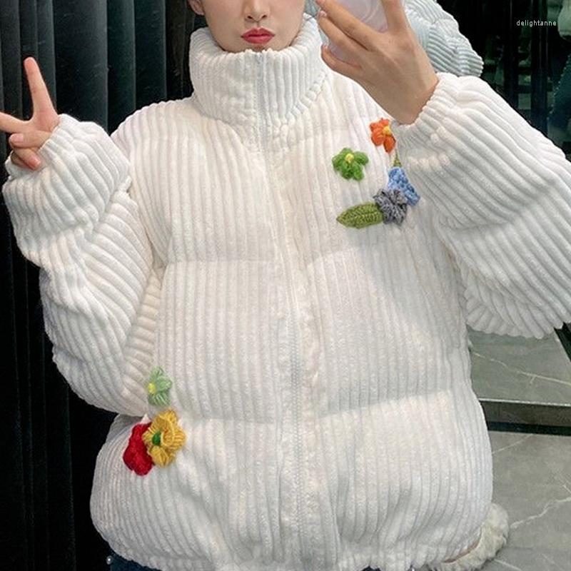

Women' Down 2022 Corduroy Kawaii Girl French Retro Cute Jacket Loose Short Winter Sweet Flower Embroidered Cotton, White