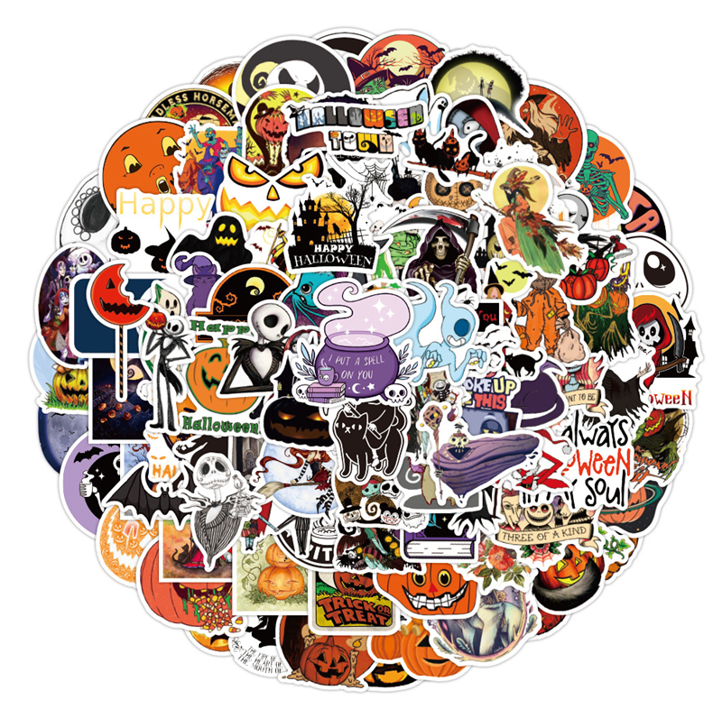 

100Pcs Happy Halloween Stickers Cute Cartoon Pumpkin Monster Skull Stickers for Suitcase Guitar Laptop Water Bottle, Multi colors