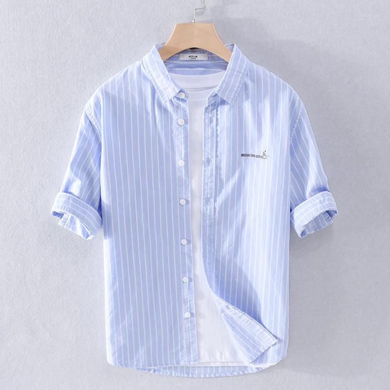 

Men's Casual Shirts Cotton Style Half-sleeved Trendy Men Summer Comfortable Stripe Embroidered Shirt For Chemise Camisa, Gray