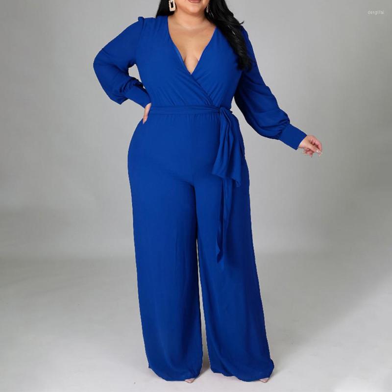 

Pants Plus Size Women Casual Jumpsuits Elegant High Waist Belt Wide Leg Rompers Jumpsuit Playsuit Long Sleeves Lapel, Green
