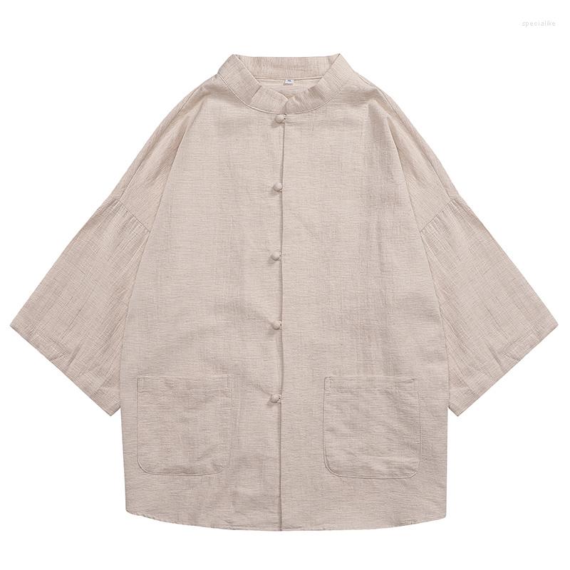 

Men's Casual Shirts Chinese Style Linen Zhongshan Shirt Men's Three-Quarter Sleeve Tang Suit Cotton And Thin Summer, Beige