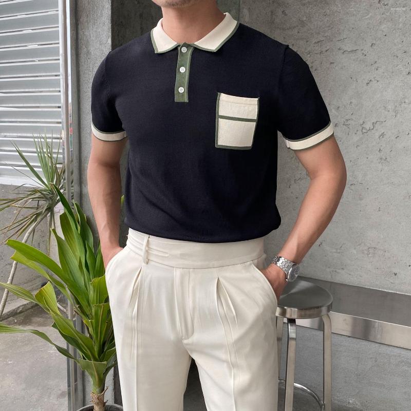 

Men's Polos British Style Summer Men Short Sleeve Polo Shirt Pocket Decorate Casual Lapel Slim Tees Tops Simple Knitted Streetwears, Black