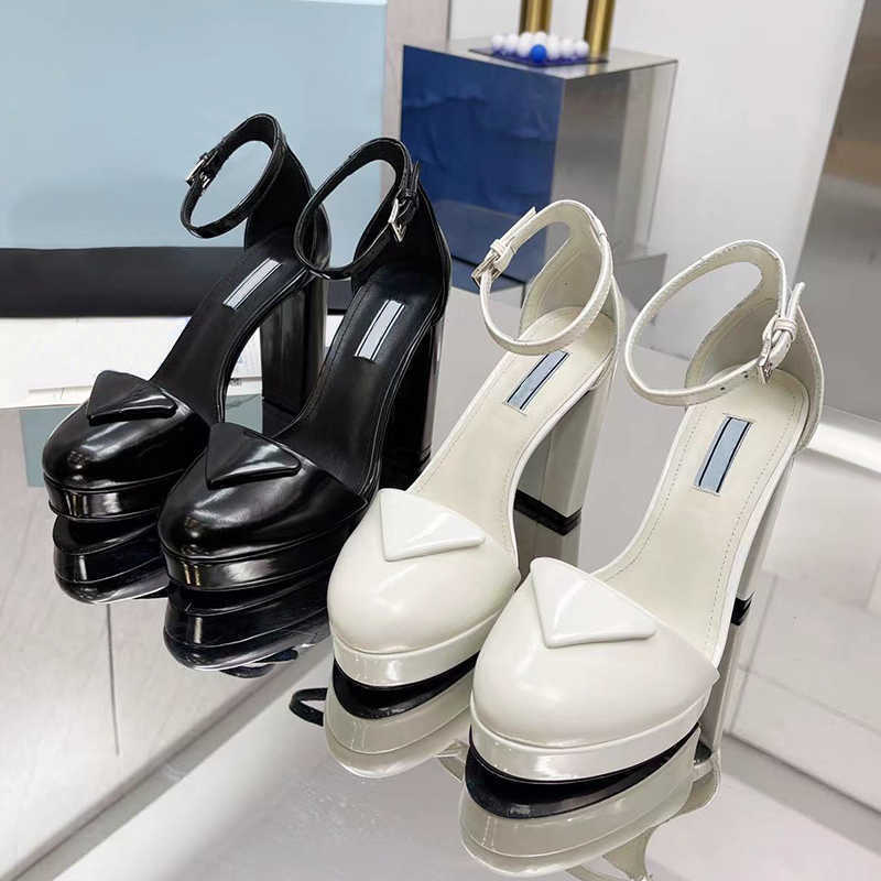 

rhinestone sandals Luxury Designers womens platform heel dress shoes Classic triangle buckle Embellished Ankle strap Pumps 11CM high He241k, Black