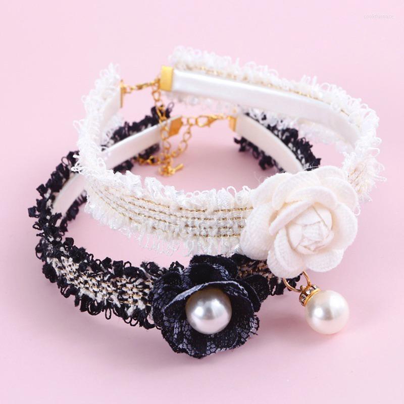 

Dog Collars Pet Collar Cat Pearl Necklace Black And White Lace Puppy Wedding Dress Small Safe Leash Accessories