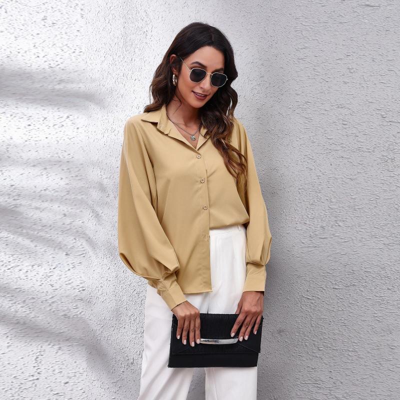 

Women' Blouses Elegant Lantern Sleeve Office Shirt Women Casual Solid Color Turn Down Collar 2022 Spring Fashion Street Wear Tops, Khaki