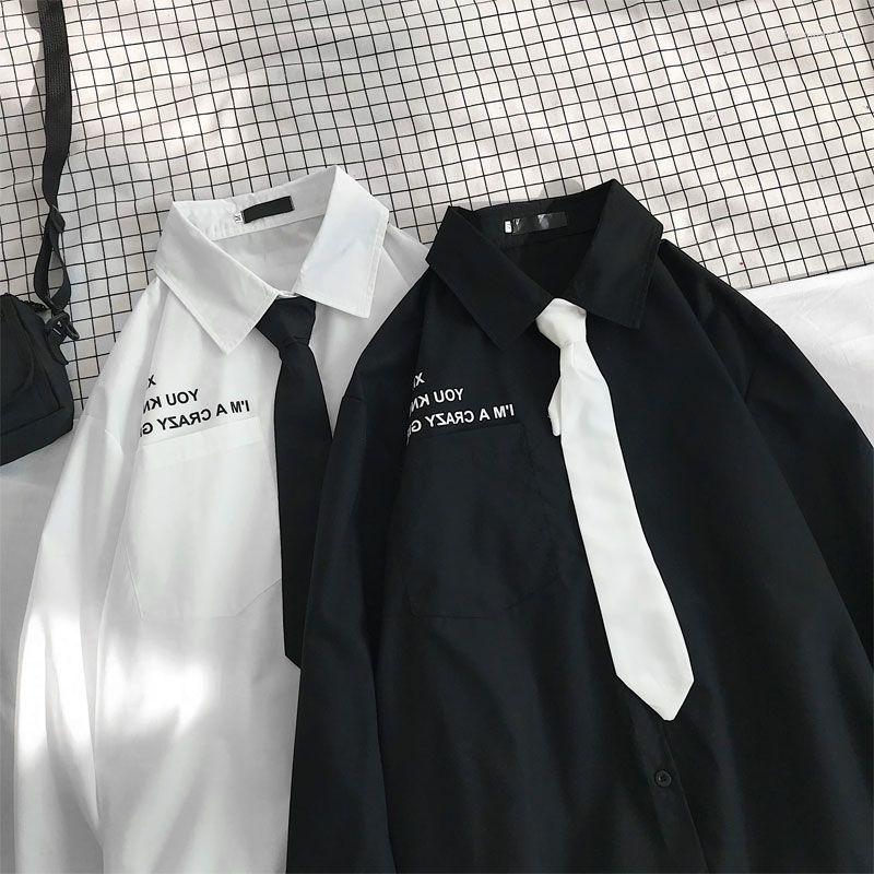 

Men's Casual Shirts 2022 Black White French Tie Blouse Spring Autumn Men Women Vintage Hong Kong Style Tops Goth Punk Unisex Streetwear, Black shirt tie