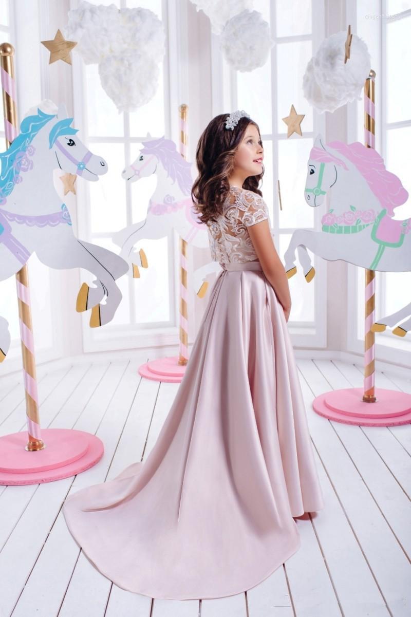 

Girl Dresses Two Pieces Kids Flower For Weddings Lace Applique Short Sleeve Special Occasion First Communion Dress, As image