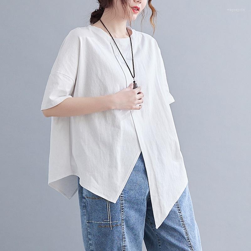 

Ethnic Clothing Women Chinese Style Short Sleeve Shirts O-Neck Casual Summer Blouses 2022 Loose Vintage Tops Brief Irregular Shirt 30766