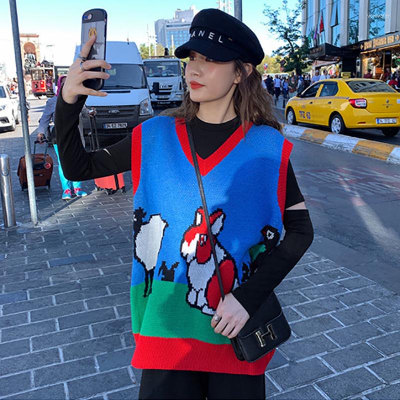 

Women' Vests Spring And Autumn V-neck Knitting Vest Kawaii Cartoon Korean Loose Preppy Wind Harajuku Lovely Lovers Clothes, Blue