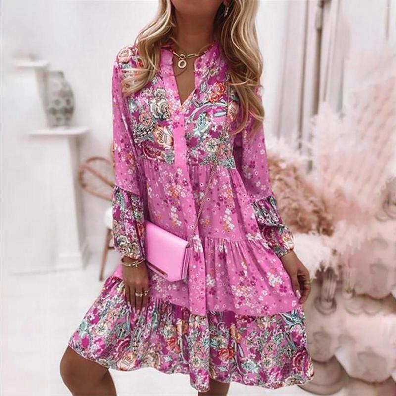 

Casual Dresses Ethnic Style Printed Vintage Dress Women Tassel Tie Neck Loose Bohemian Tunic Dreses Summer Beach Boho Vestidos, Gn