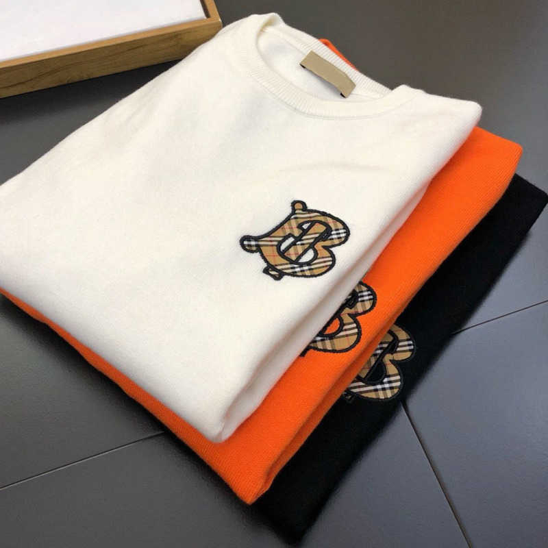 

Designer sweater mens knitted coat tb Embroidery man wool sweaters women Plaid Splice Warm pullover sweatshirt, Orange (half high collar)