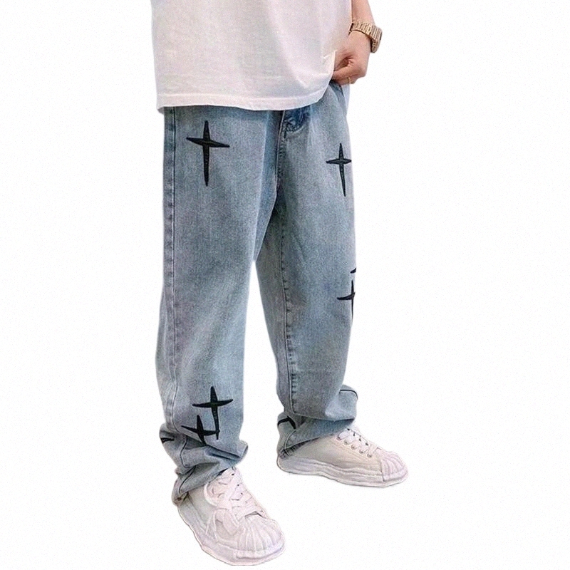 

men' Jeans 2022 Vetement Homme Cross Embroidery Vintage Baggy For Men Pants Y2K Clothes Distressed Hip Hop Denim Trousers Ropa Hombre 92B1#, Blue embroidery