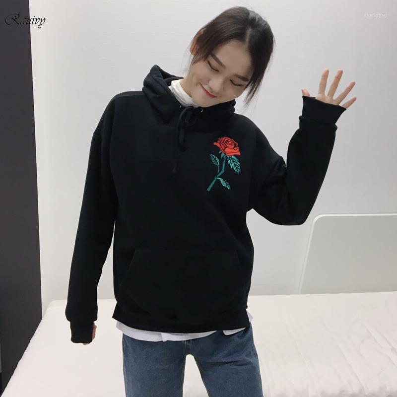 

Women's Hoodies 2022 Women Ulzzang Autumn Winter Korean Clothes Cute Hoodie Pocket Kawaii Embroidery Roses Harajuku Sweatshirt, Black